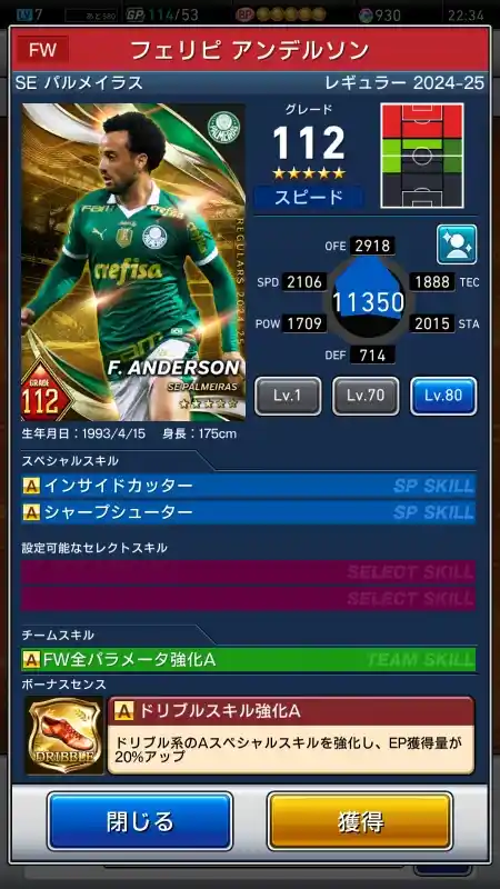  フェリピアンデルソン SE パルメイラス（グレード：112）のスキルデータ