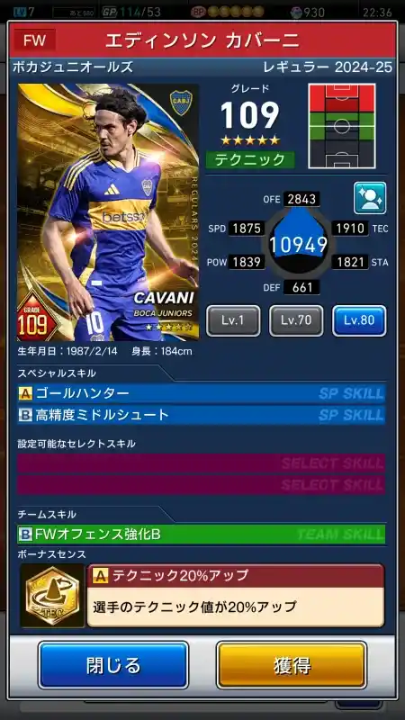  ボカジュニオールズ エディンソン カバーニ（グレード：109）のスキルデータ