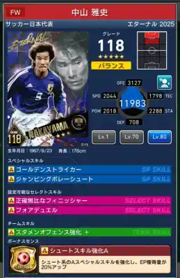  サッカー代表 TERNAL 中山雅史（グレード：118）のスキルデータ