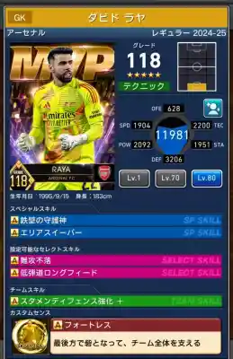  ダビドラヤ アーセナル（グレード：118）のスキルデータ