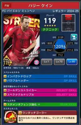  ハリーケイン バイエルンミュンヘン（グレード：119）のスキルデータ