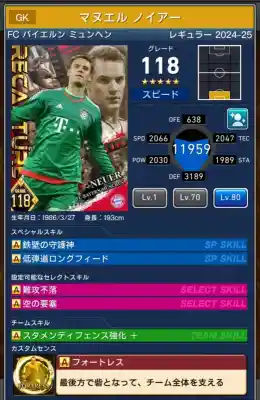  マヌエルノイアー バイエルンミュンヘン（グレード：118）のスキルデータ