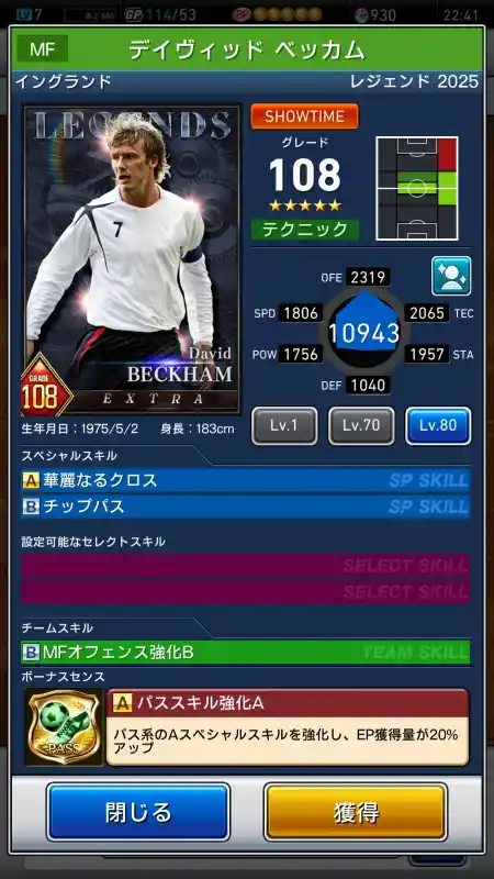  デイヴィッド ベッカム（グレード：108）のスキルデータ
