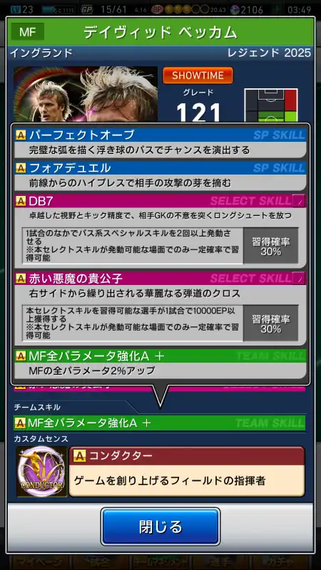 デイヴィッド ベッカム（グレード：121）のスキルデータ