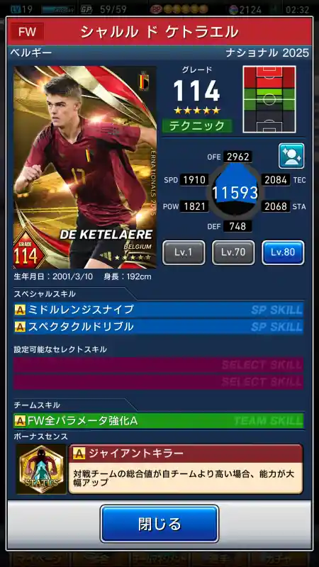  シャルルドケトラエル（グレード：114）のスキルデータ