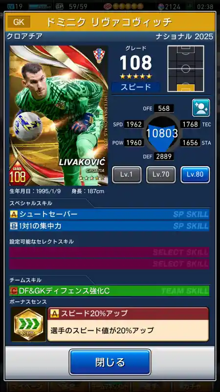  ドミニク リヴァコヴィッチ（グレード：108）のスキルデータ