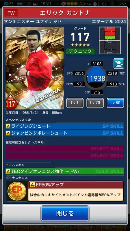  エリック カントナ マンチェスターユナイテッド（グレード：117）のスキルデータ