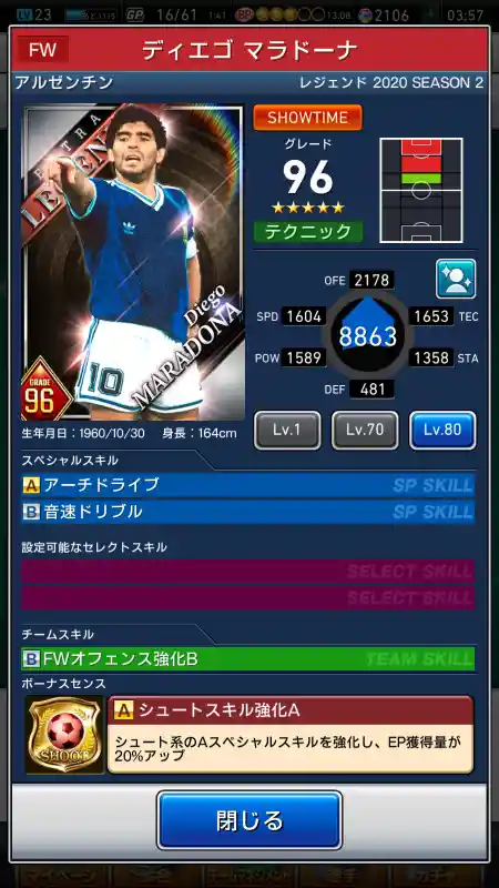  ディエゴ マラドーナ（グレード：96）のスキルデータ
