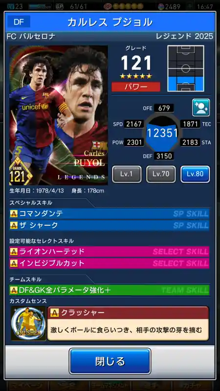  バルセロナ カルレス プジョル（グレード：121）のスキルデータ