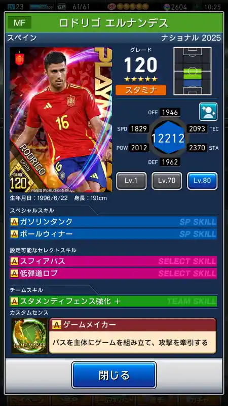  ロドリゴ エルナンデス（グレード：120）のスキルデータ