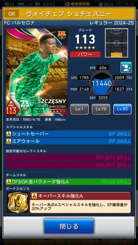  ヴォイチェフ シュチェスニー バルセロナ（グレード：113）のスキルデータ