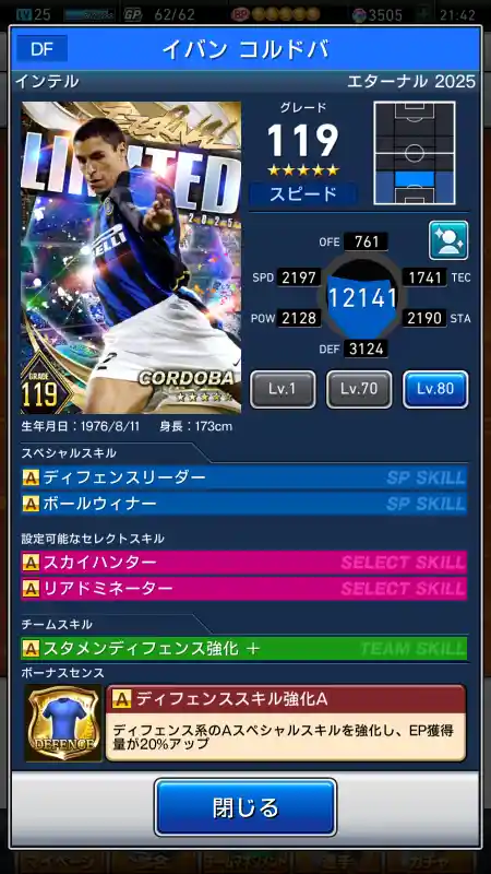  イバンコルドバ インテル（グレード：119）のスキルデータ