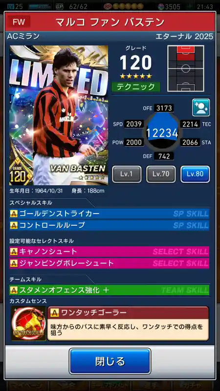  マルコファン バステン ミラン（グレード：120）のスキルデータ