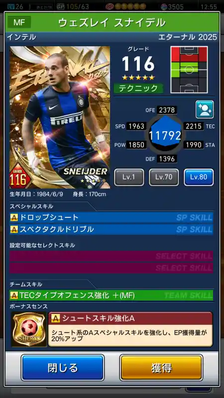  ウェズレイ スナイデル インテル（グレード：116）のスキルデータ