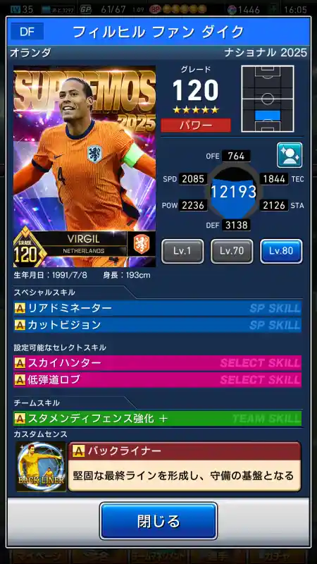  フィルヒル ファンダイク（グレード：120）のスキルデータ