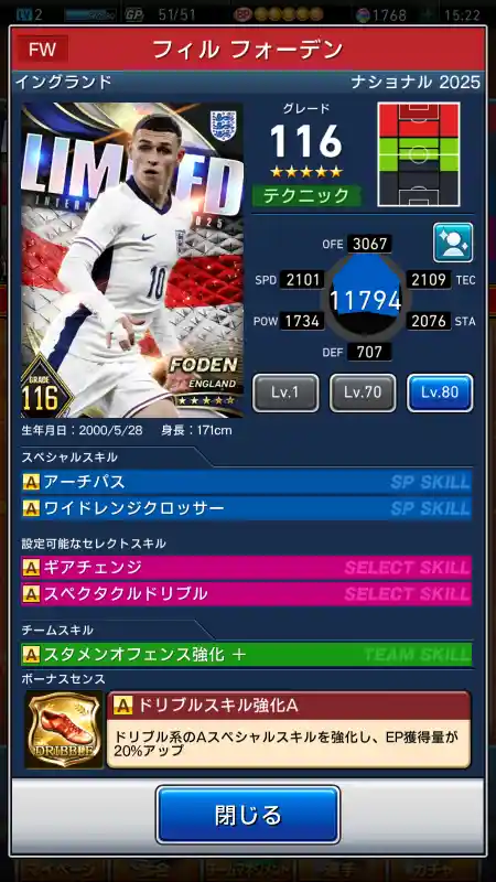  フィルフォーデン（グレード：116）のスキルデータ