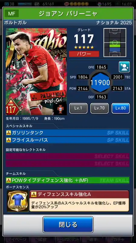  ジョアン パリーニャ（グレード：117）のスキルデータ