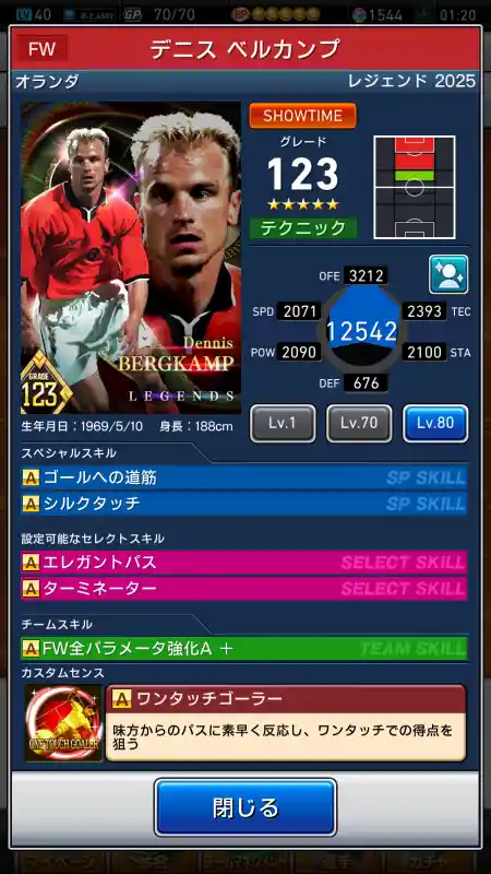  デニス ベルカンプ（グレード：123）のスキルデータ