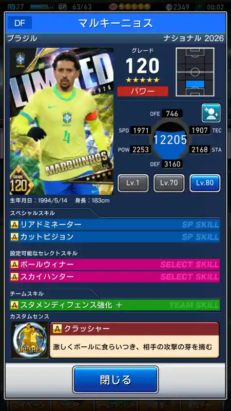  マルキーニョス（グレード：120）のスキルデータ