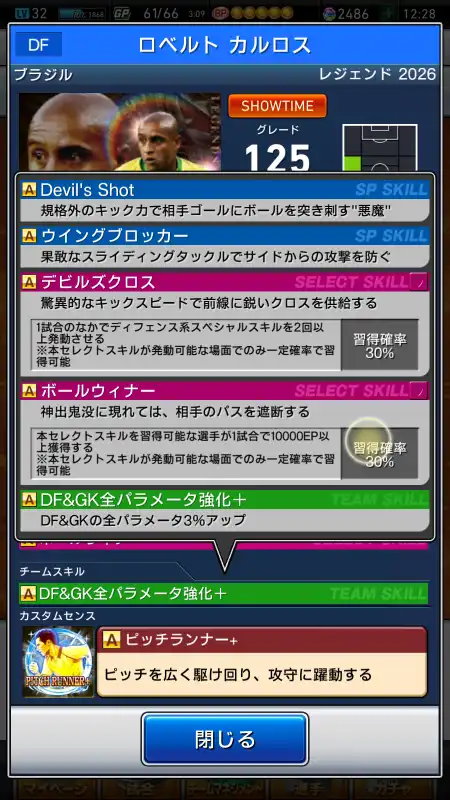 ロベルト カルロス（グレード：125）のスキルデータ
