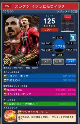  ズラタン イブラヒモヴィッチ ミラン（グレード：125）のスキルデータ