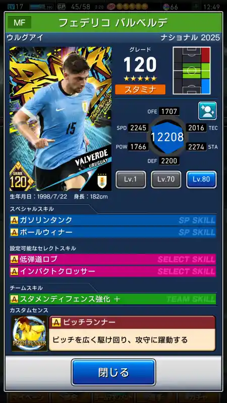  フェデリコ バルベルデ（グレード：120）のスキルデータ