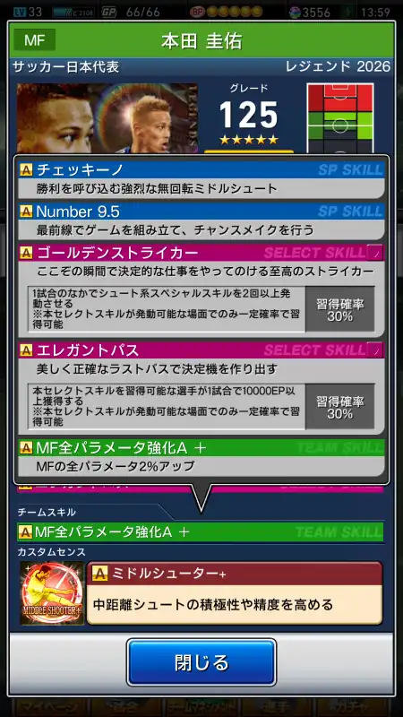 本田 圭佑（グレード：125）のスキルデータ