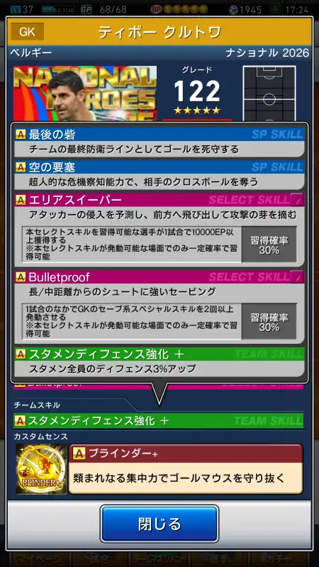 ティボー クルトワ（グレード：122）のスキルデータ
