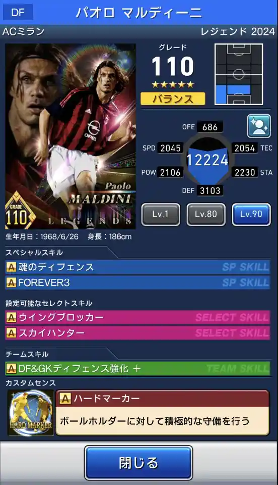  パオロマルディーニ ミラン（グレード：110）のスキルデータ