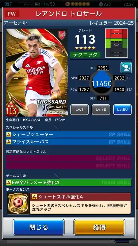  レアンドロトロサール アーセナル（グレード：113）のスキルデータ