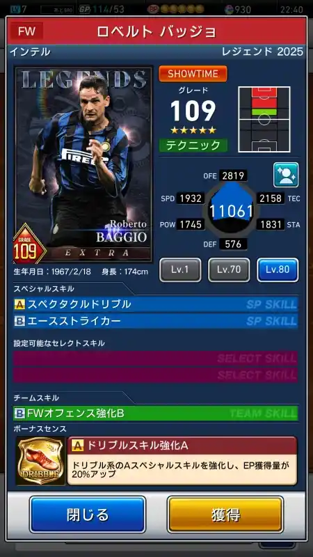 ロベルトバッジョ インテルの選手データ