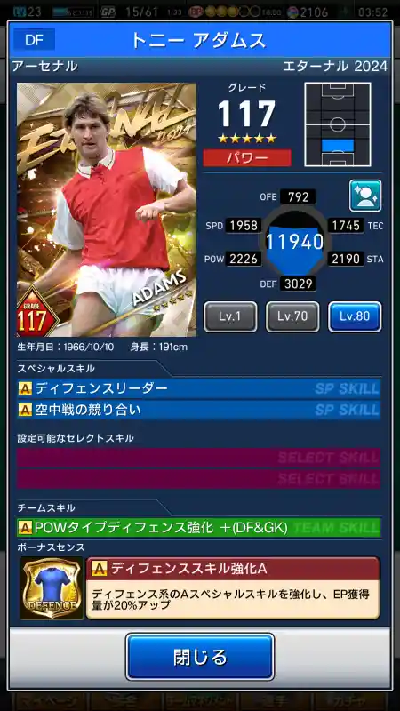 トニーアダムス アーセナルの選手データ