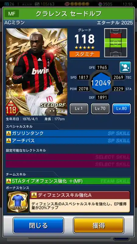 クラレンスセードルフ ミランの選手データ