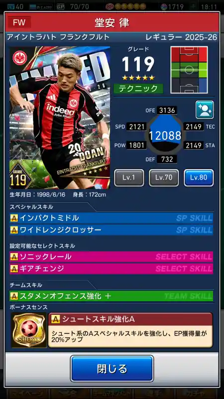 堂安 律 アイントラハト フランクフルトの選手データ