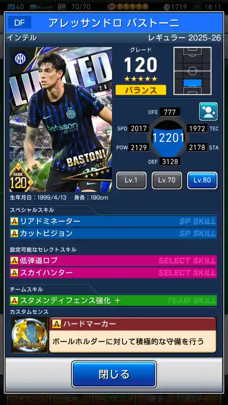 アレッサンドロバストーニ インテルの選手データ